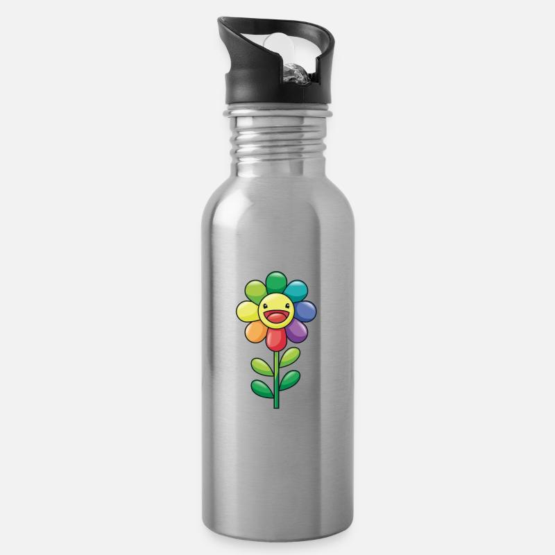 Bunte Blume Sonnenblume Regenbogen Farben Kinder - Trinkflasche mit integriertem Trinkhalm - Lightsilver