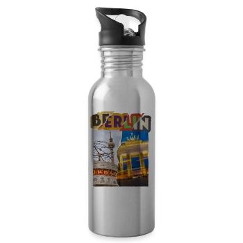 Berlin Germany City Skyline Vintage Retro - Water bottle with straw - silver - Right