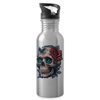 Crâne avec des roses - Gourde avec paille intégrée - argent clair - Droite