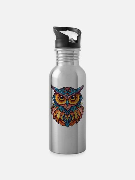 Eule Tier Vogel Natur Wildnis Mystik Bunt Kunst - Trinkflasche mit integriertem Trinkhalm - Lightsilver