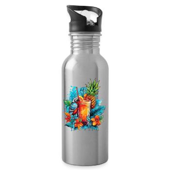 Sommer Cocktail Ananas Ara Papagei Blumen Urlaub - Trinkflasche mit integriertem Trinkhalm - Lightsilver - Rechts