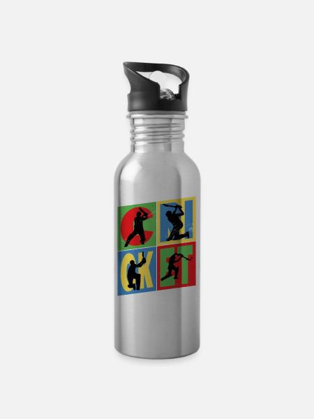 Cricket Cricketer Batsman Sport Vintage - Water bottle with straw - silver