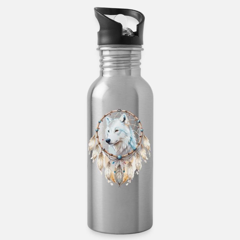 Wolf in einem Traumfänger-Mystisches Wolfs Design - Trinkflasche mit integriertem Trinkhalm - Lightsilver