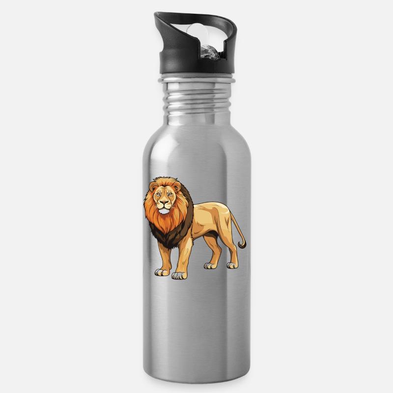 Löwe Tier - Trinkflasche mit integriertem Trinkhalm - Lightsilver
