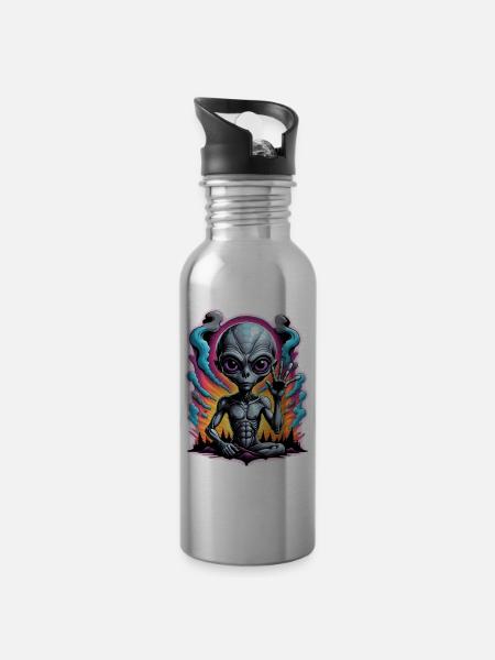 Cosmic Alien Meditation Artwork - Water bottle with straw - silver