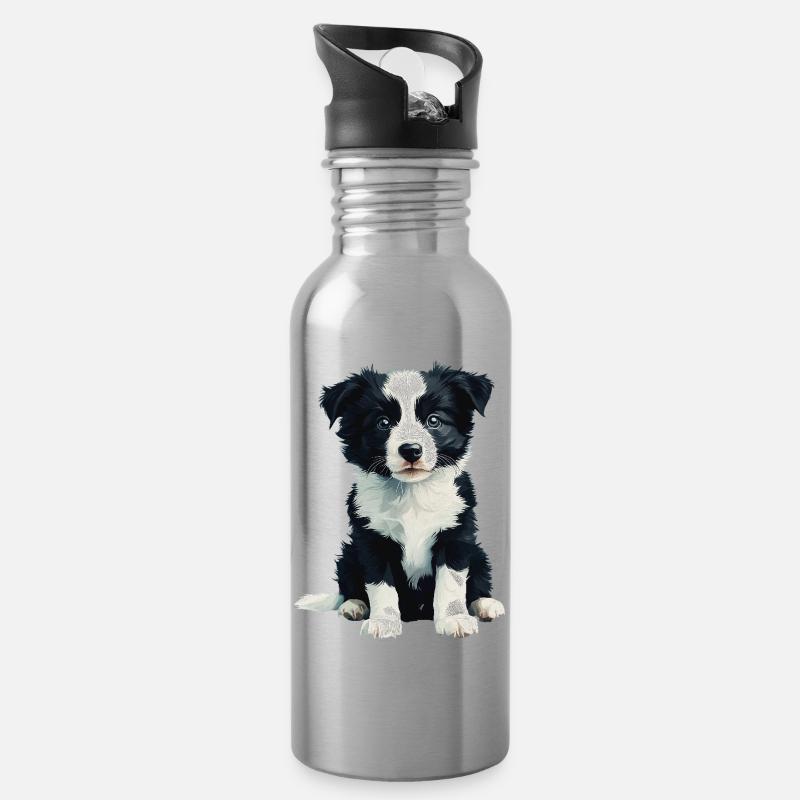 Border Collie Baby - Trinkflasche mit integriertem Trinkhalm - Lightsilver