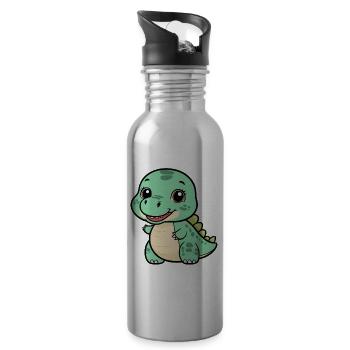 Cute Dino with a Grin - Green - Water bottle with straw - silver - Right