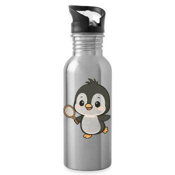 Cute Penguin Tennis Player Cartoon Chibi Sport - Water bottle with straw - silver - Right