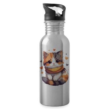Calico kitten with scarf and hearts - Water bottle with straw - silver - Right