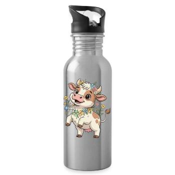 Cow with flower wreath - Water bottle with straw - silver - Right