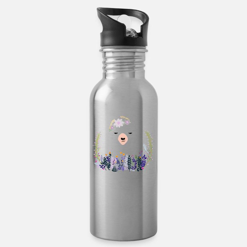 Lama en fleurs - Gourde avec paille intégrée - argent clair