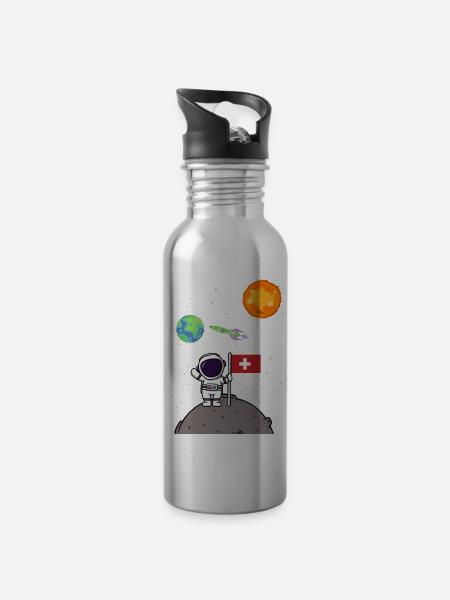 Planet Schweiz Flagge Mondlandung Astronaut - Trinkflasche mit integriertem Trinkhalm - 