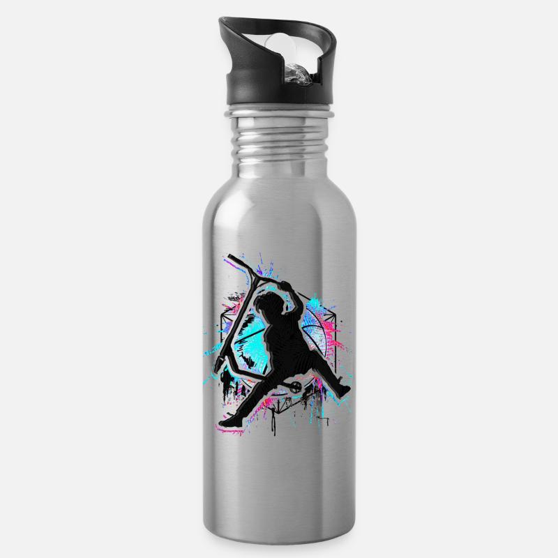 Bunter Stunt Scooter - Farbiger Stuntscooter - Trinkflasche mit integriertem Trinkhalm - Lightsilver