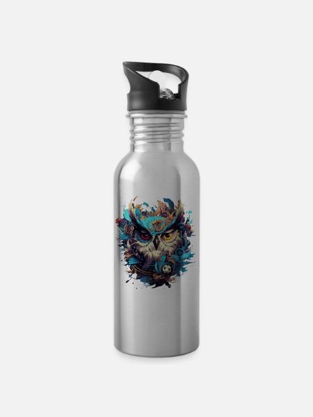 Chouette Steampunk cool - Gourde avec paille intégrée - argent clair