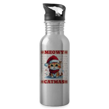 Cat Christmas Merry Meowy Catmas Ugly Cute - Water bottle with straw - silver - Right