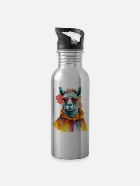 Lama, Alpaka, Lama Swag - Trinkflasche mit integriertem Trinkhalm - Lightsilver