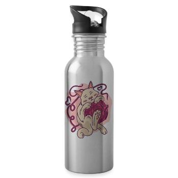 Cute Cozy Cat Hugging Yarn Ball Cartoon - Water bottle with straw - silver - Right