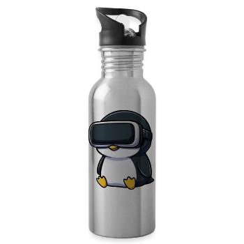 Cute Penguin Gamer Cartoon VR Gamer - Water bottle with straw - silver - Right