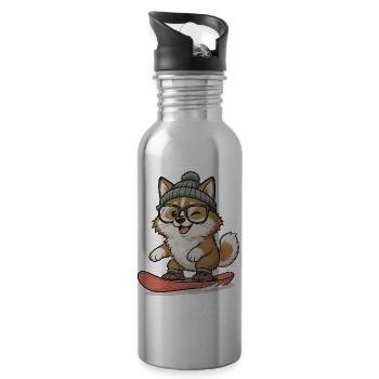 Shiba Inu snowboarding with hat and goggles - Water bottle with straw - silver - Right