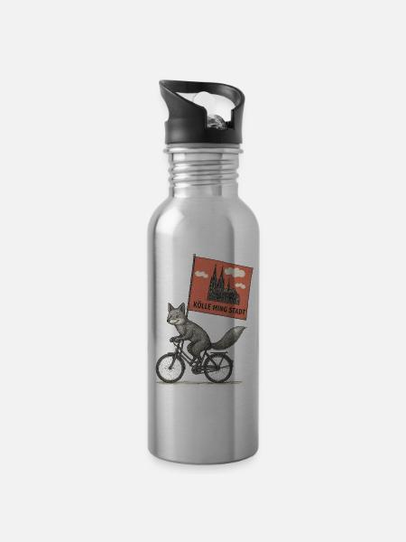 Köln Fuchs auf Fahrrad - Trinkflasche mit integriertem Trinkhalm - Lightsilver