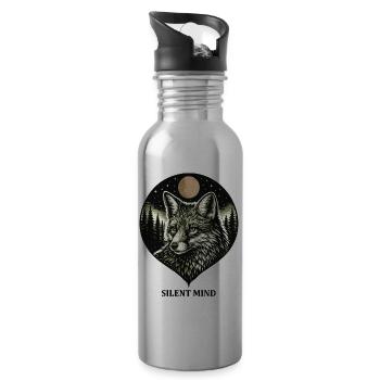 Silent Mind - Fox in Woodcut Style - Water bottle with straw - silver - Right