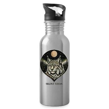 Silent Focus - Lynx in Woodcut Style - Water bottle with straw - silver - Right