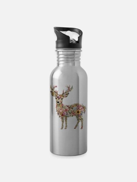 Blumenreh | Florales Reh aus Wildblumen - Trinkflasche mit integriertem Trinkhalm - Lightsilver