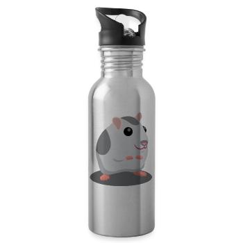Cute gray hamster cartoon - Water bottle with straw - silver - Right