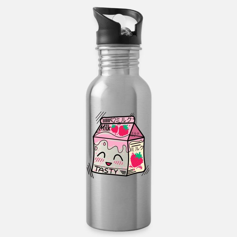 Kawaii Erdbeermilch - Trinkflasche mit integriertem Trinkhalm - Lightsilver