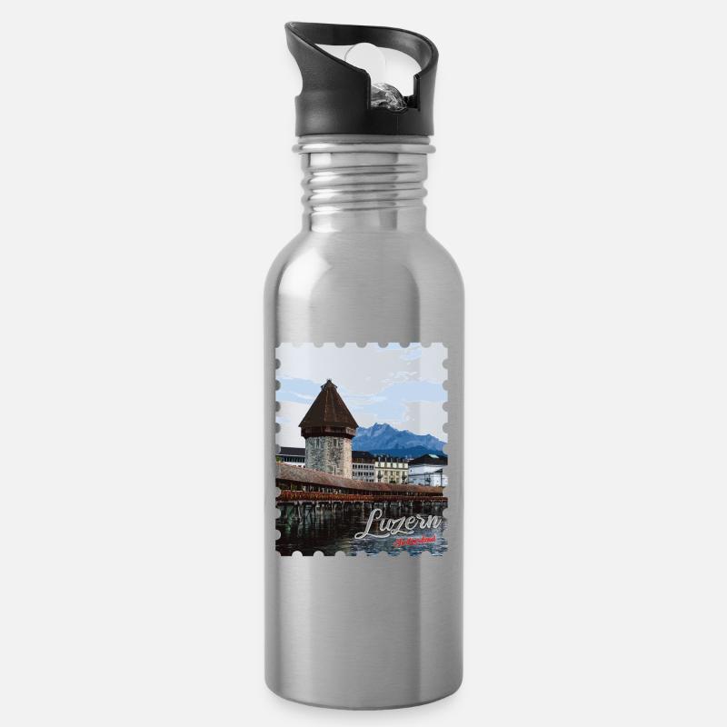 Luzern Kapellbrücke Panorama - Trinkflasche mit integriertem Trinkhalm - Lightsilver