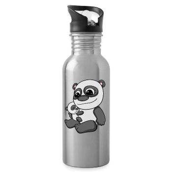 Panda mit Baby - Panda mit Kind - Trinkflasche mit integriertem Trinkhalm - Lightsilver - Rechts