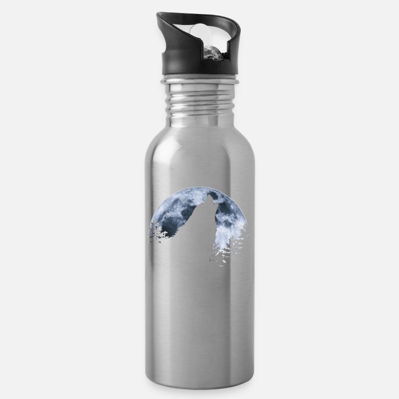 Wolf heult Mond an - Wolfs Silhouette - Trinkflasche mit integriertem Trinkhalm - Lightsilver