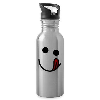 Tongue out - hungry happy face - Water bottle with straw - silver - Right