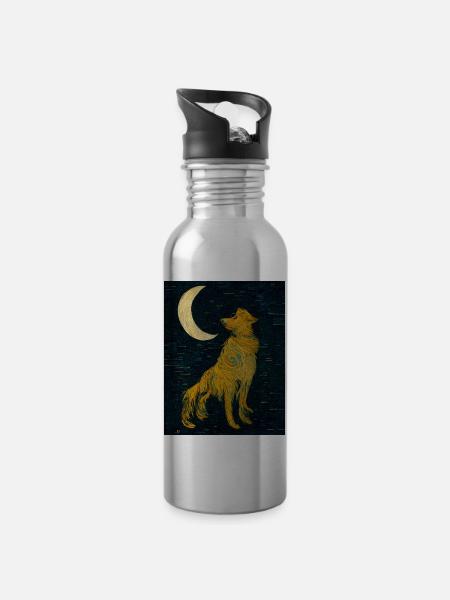 Dog Moon Painting - Water bottle with straw - silver