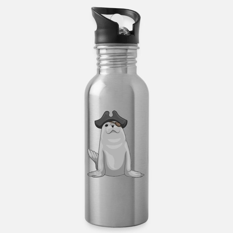Seehund Pirat Augenklappe - Trinkflasche mit integriertem Trinkhalm - Lightsilver