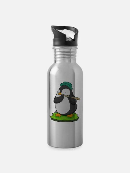 Pinguin Musiker Flöte Musik - Trinkflasche mit integriertem Trinkhalm - Lightsilver