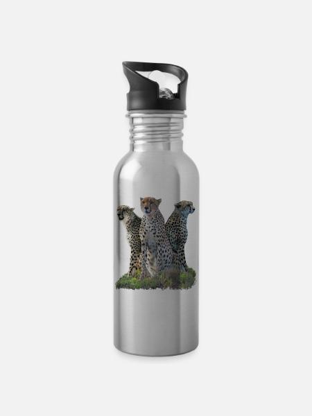 3 guépards - guépard - gros chat - chat - Afrique - Gourde avec paille intégrée - argent clair