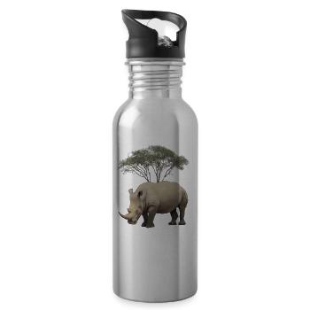 White rhinoceros with tree in Africa - Rhino - Water bottle with straw - silver - Right