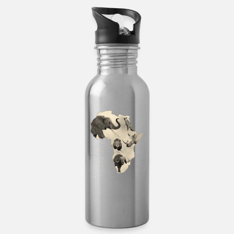Afrika Big 5 - Elefant Löwe Leopard Büffel Rhino - Trinkflasche mit integriertem Trinkhalm - Lightsilver