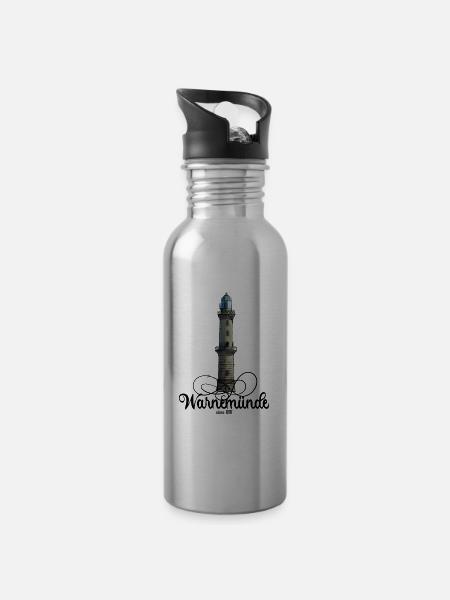 Warnemünde Leuchtturm - Trinkflasche mit integriertem Trinkhalm - Lightsilver