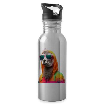 Llama with Sunglasses Colorful Cool Alpaca Llama - Water bottle with straw - silver - Right