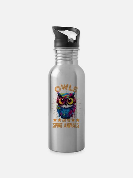 Bunte Eule mit Kopfhörer - Trinkflasche mit integriertem Trinkhalm - Lightsilver