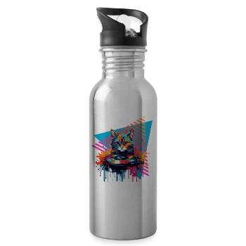 Cat Vinyl Record 80s Style - Water bottle with straw - silver - Right