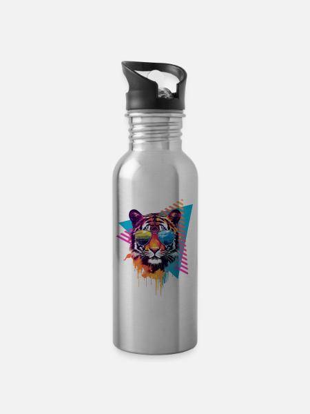 Tigre avec lunettes de soleil style années 80 - Gourde avec paille intégrée - argent clair