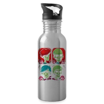 Cartoon Pop Art Image of Skulls and Roses - Water bottle with straw - silver - Right
