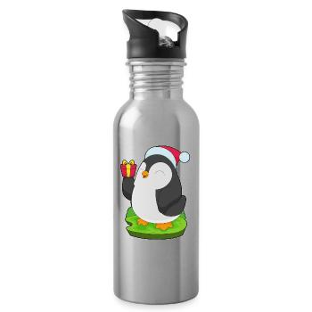 Pingouin Noël père Noël chapeau - Gourde avec paille intégrée - argent clair - Droite