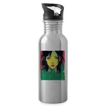Traurige Stadt Kunst: Japanische Frau Illustration - Trinkflasche mit integriertem Trinkhalm - Lightsilver - Rechts
