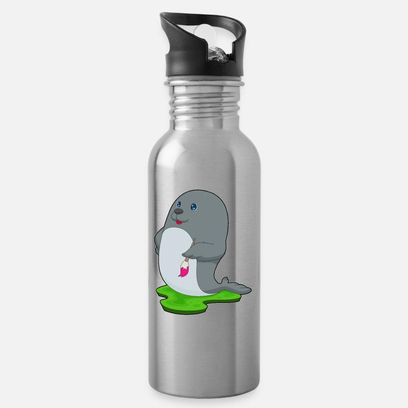 Seehund Maler Pinsel Malen - Trinkflasche mit integriertem Trinkhalm - Lightsilver