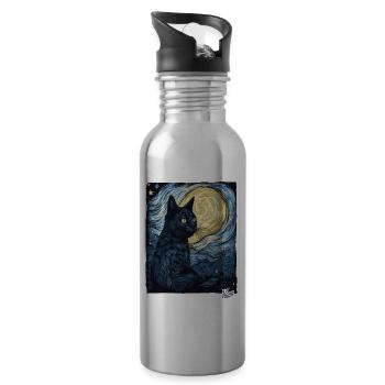 Nuit étoilée et chat noir - Gourde avec paille intégrée - argent clair - Droite