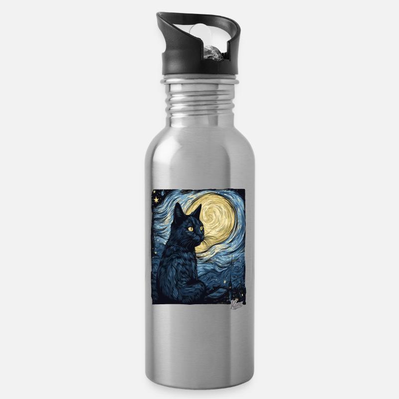 Nuit étoilée et chat noir - Gourde avec paille intégrée - argent clair